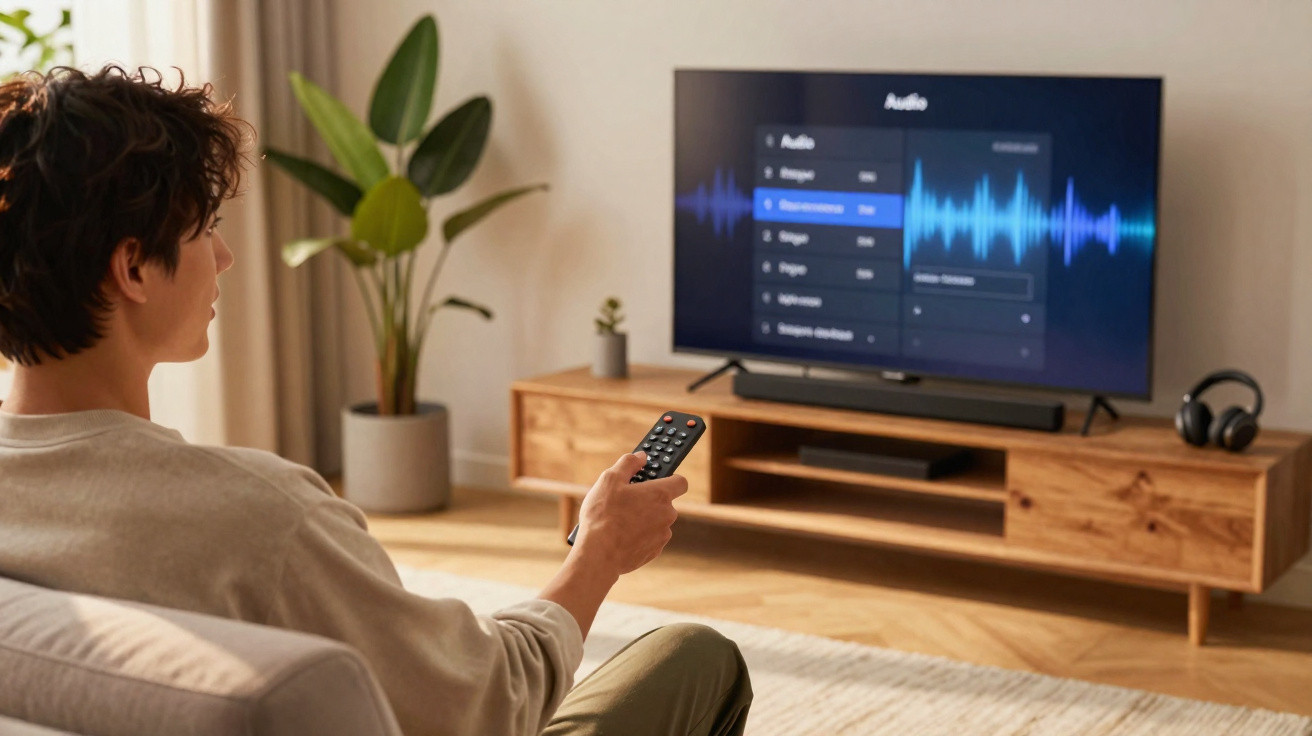Pessoa segurando controle remoto assistindo TV com opções de áudio em ambiente aconchegante.