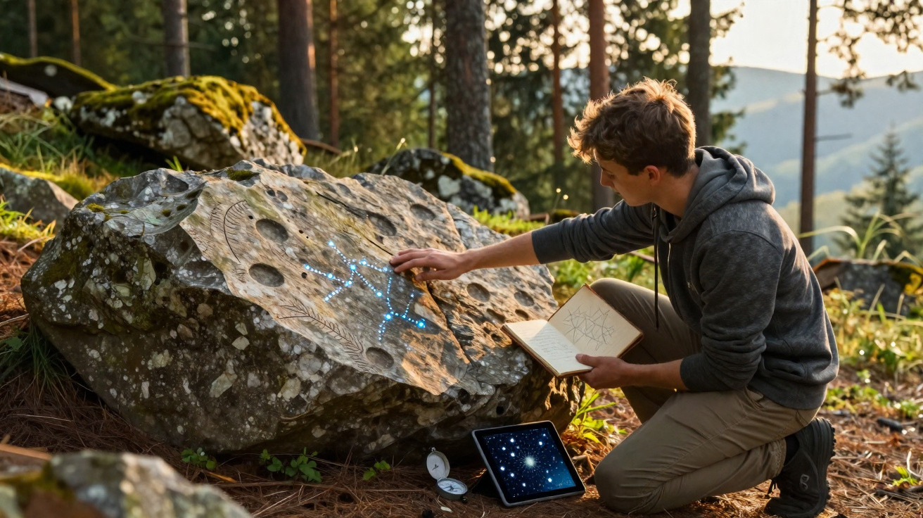Homem analisa constelação luminosa em pedra antiga no meio da floresta com caderno e tablet.