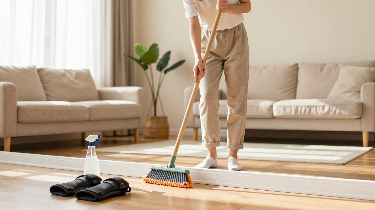 Pessoa limpando o chão da sala com uma vassoura, ao lado de uma garrafa de spray e pantufas pretas.
