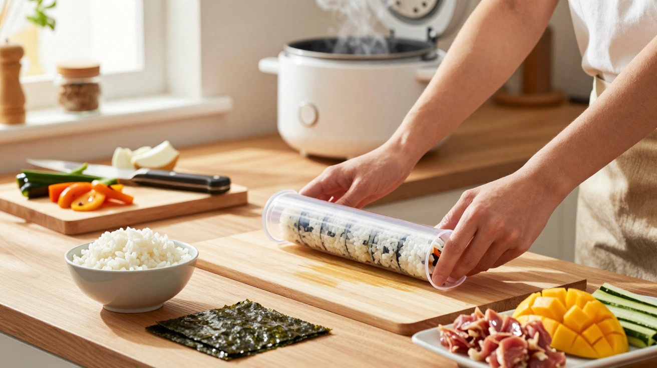 Pessoa preparando sushi com tapete plástico, arroz, algas, legumes e arroz em cozinha clara.