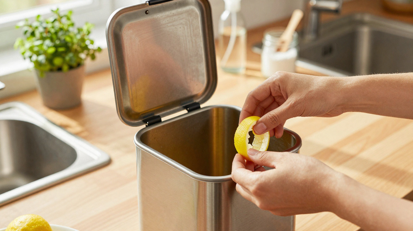 Pessoas descartando casca de limão em uma lixeira de metal na cozinha com bancada de madeira.