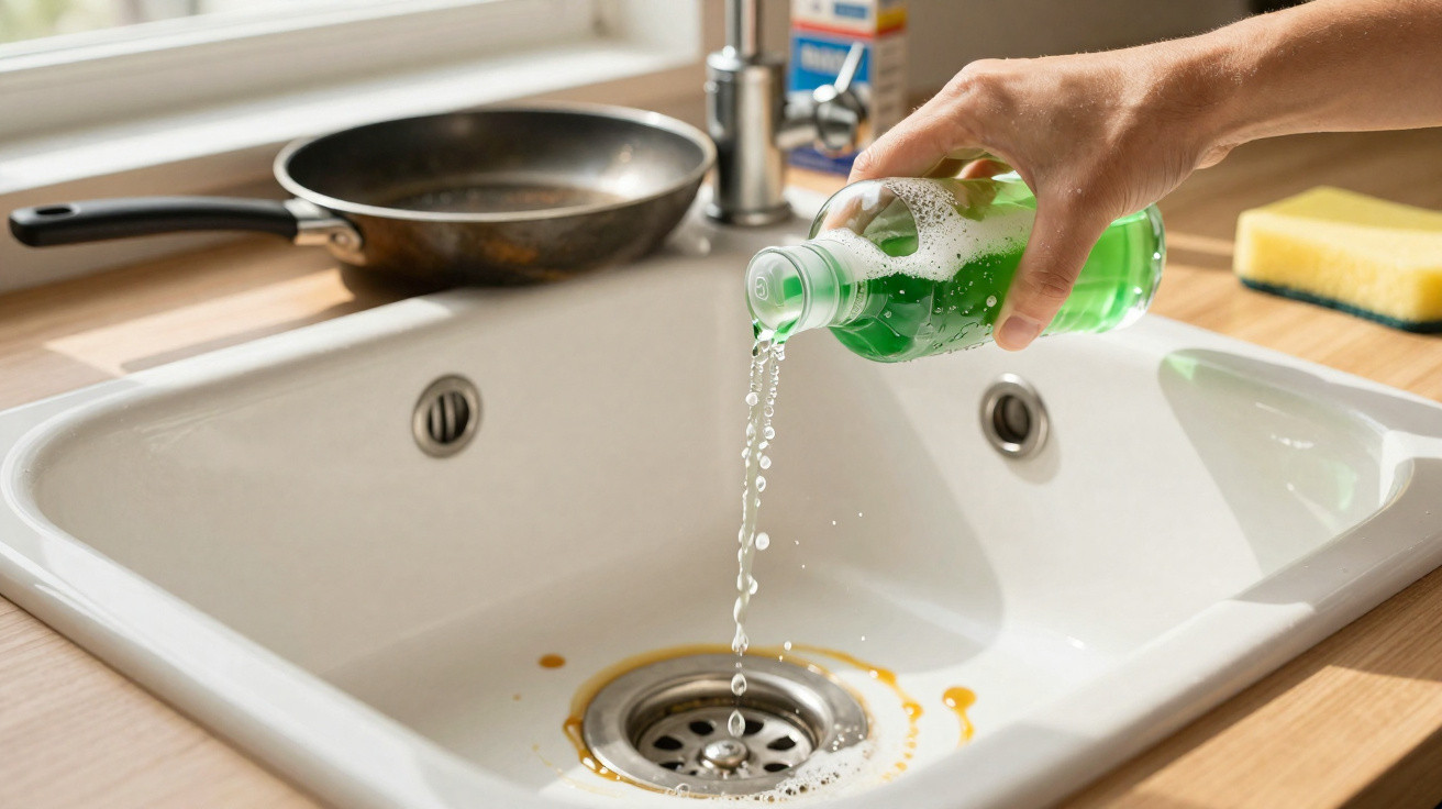 Pessoa despejando detergente líquido verde em pia de cozinha branca com frigideira ao fundo.