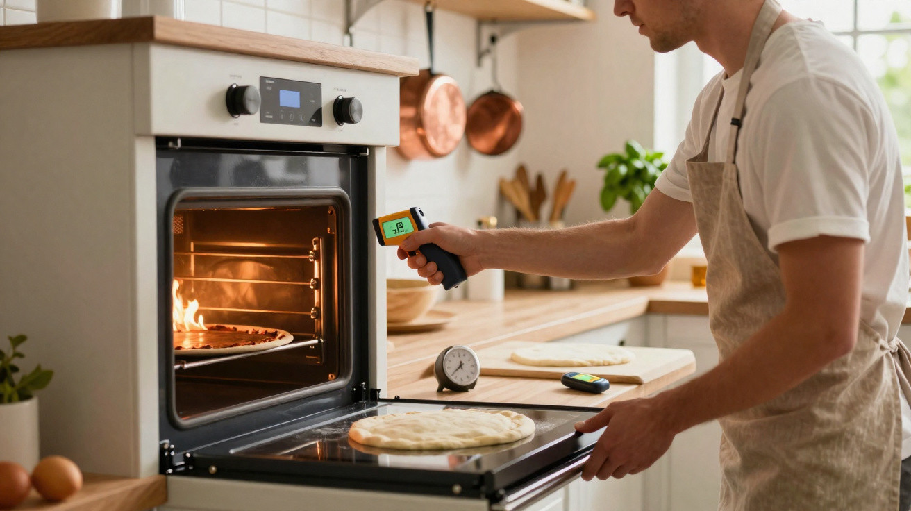 Homem usando termômetro infravermelho para medir temperatura de pizza no forno de cozinha moderna.