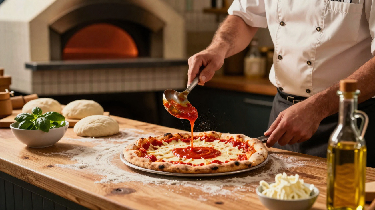 Pessoa adiciona molho de tomate em pizza caseira na mesa de madeira próxima a forno a lenha.