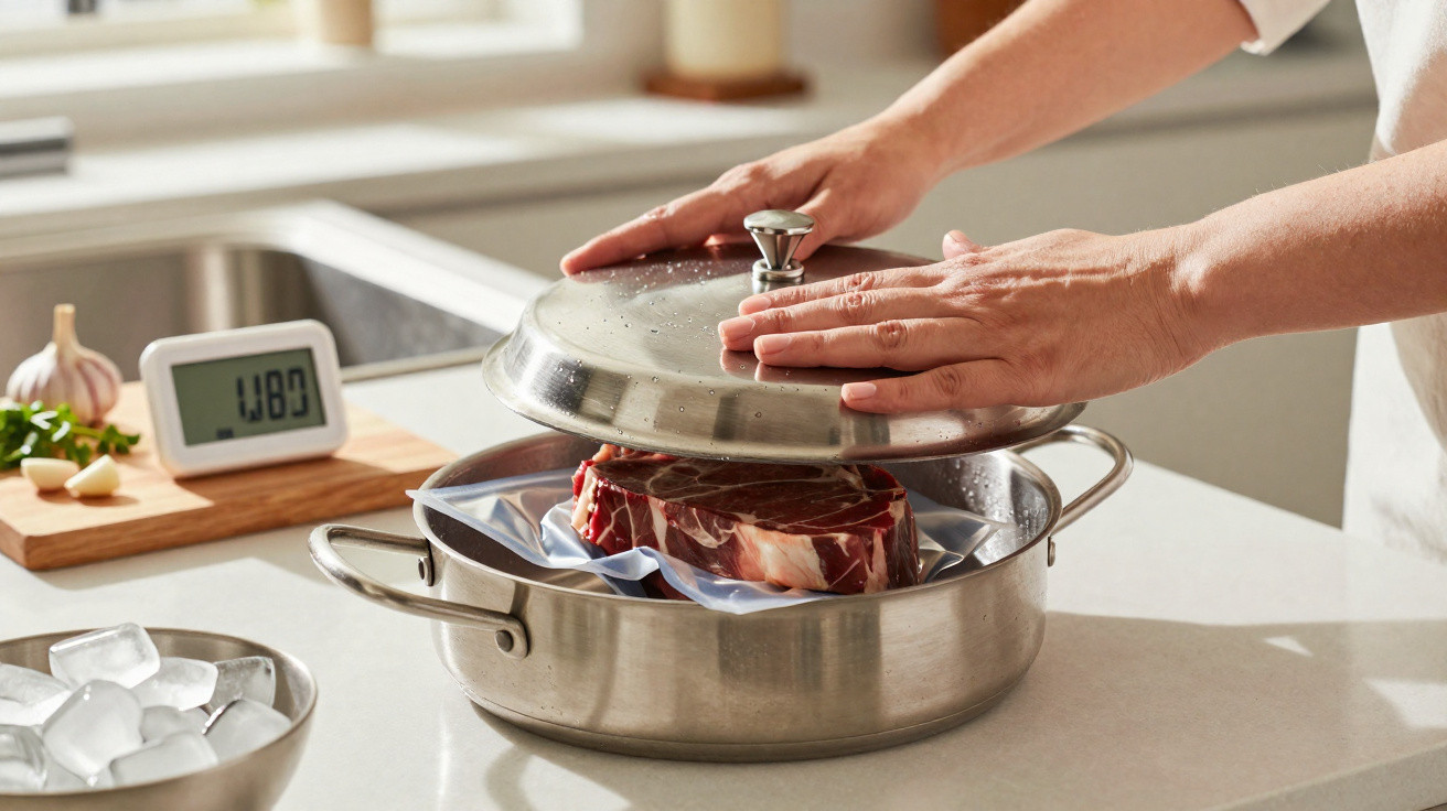 Mãos fechando panela com tampa sobre peça de carne crua para cozimento a vácuo na cozinha.