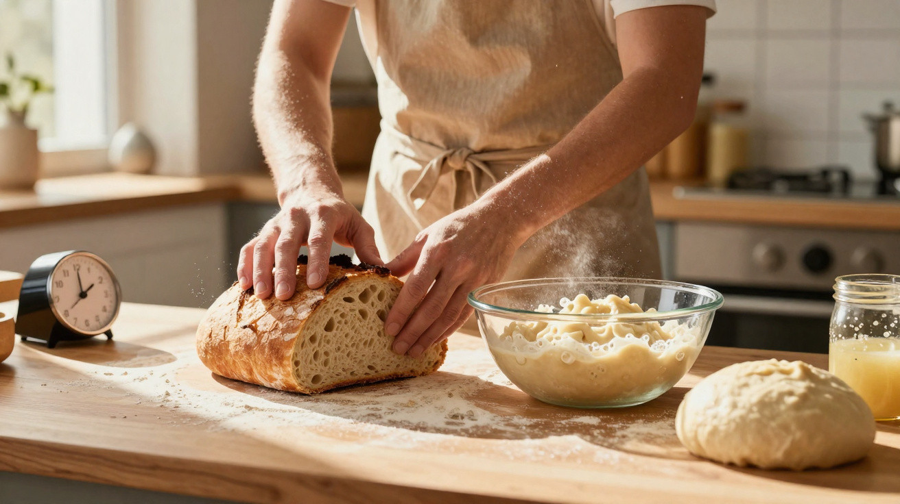 Pessoa cortando pão caseiro em bancada de madeira com massa e farinha ao lado na cozinha.