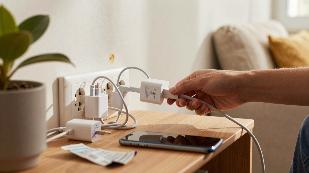 Mão conectando carregador a tomada em mesa com celular, remédios e planta ao lado em ambiente residencial.