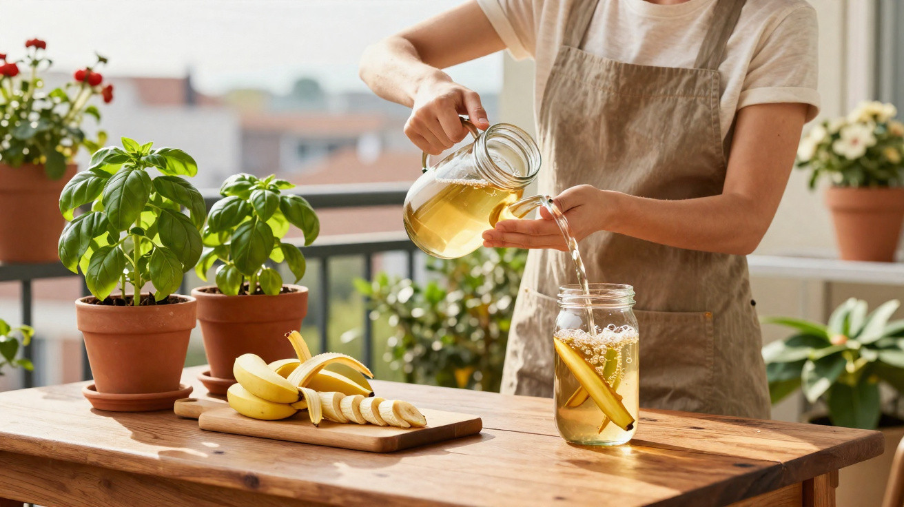 Pessoa servindo chá de canela em vidro, com bananas fatiadas e plantas em vasos ao fundo.