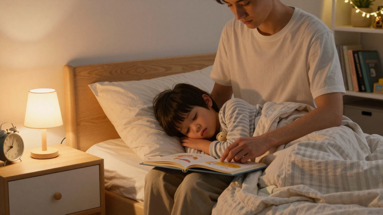 Pai sentado na cama lendo um livro para o filho que está adormecido apoiado em seu colo.