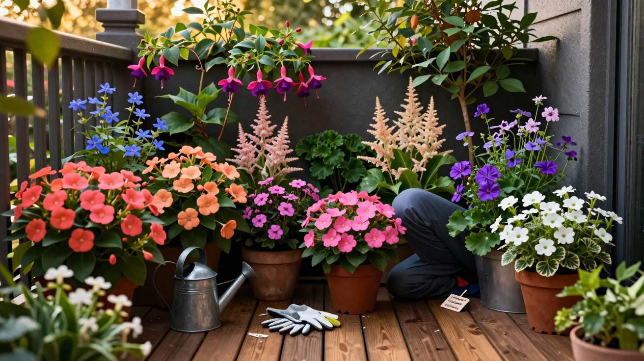 Varanda com várias flores coloridas em vasos e pessoa cuidando das plantas ao fundo.