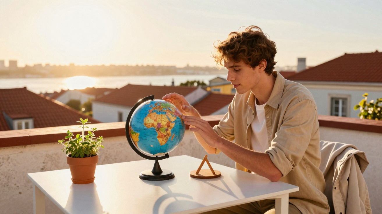 Jovem sentado à mesa ao ar livre examinando globo terrestre ao pôr do sol.