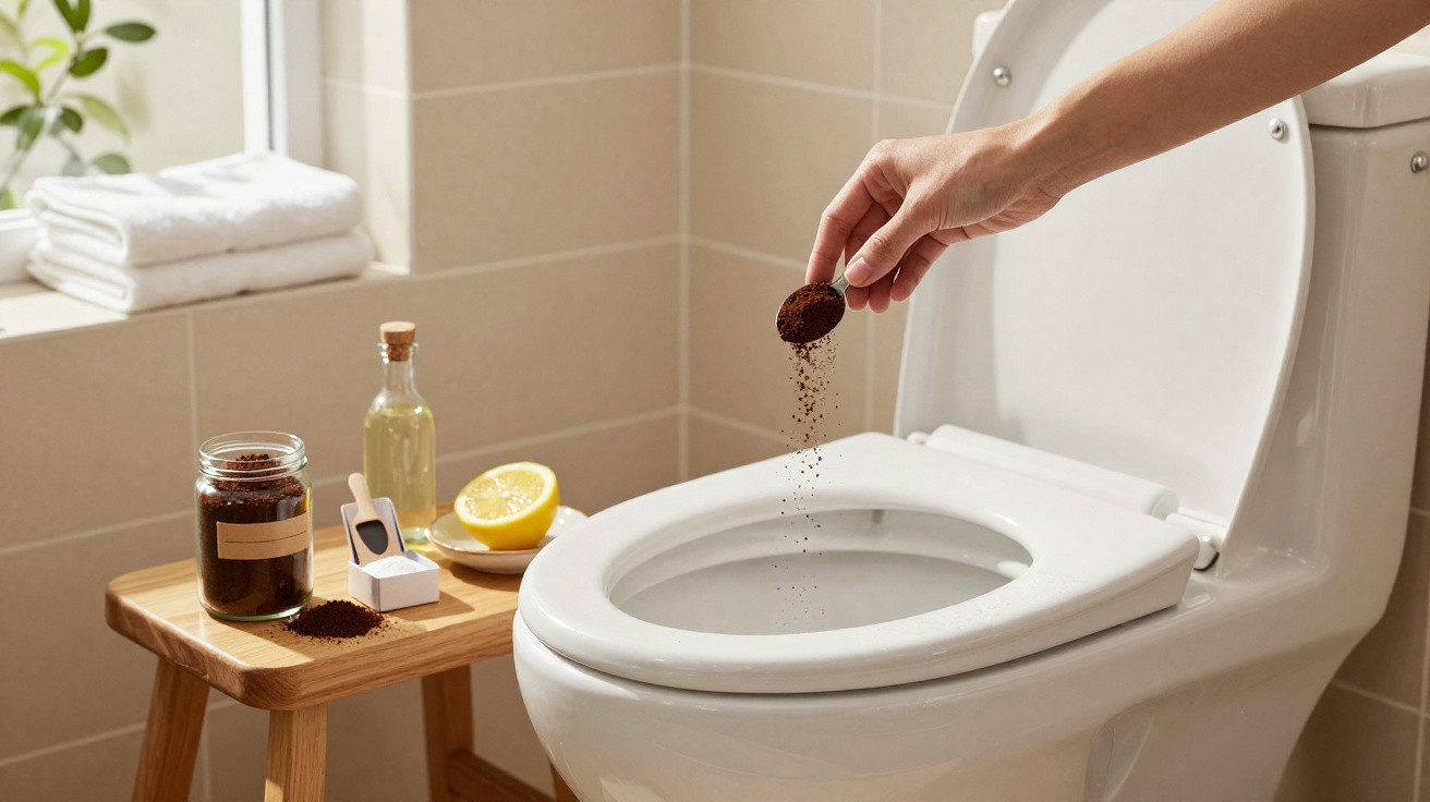 Mão jogando café moído no vaso sanitário em banheiro com mesa de madeira e ingredientes de limpeza natural.