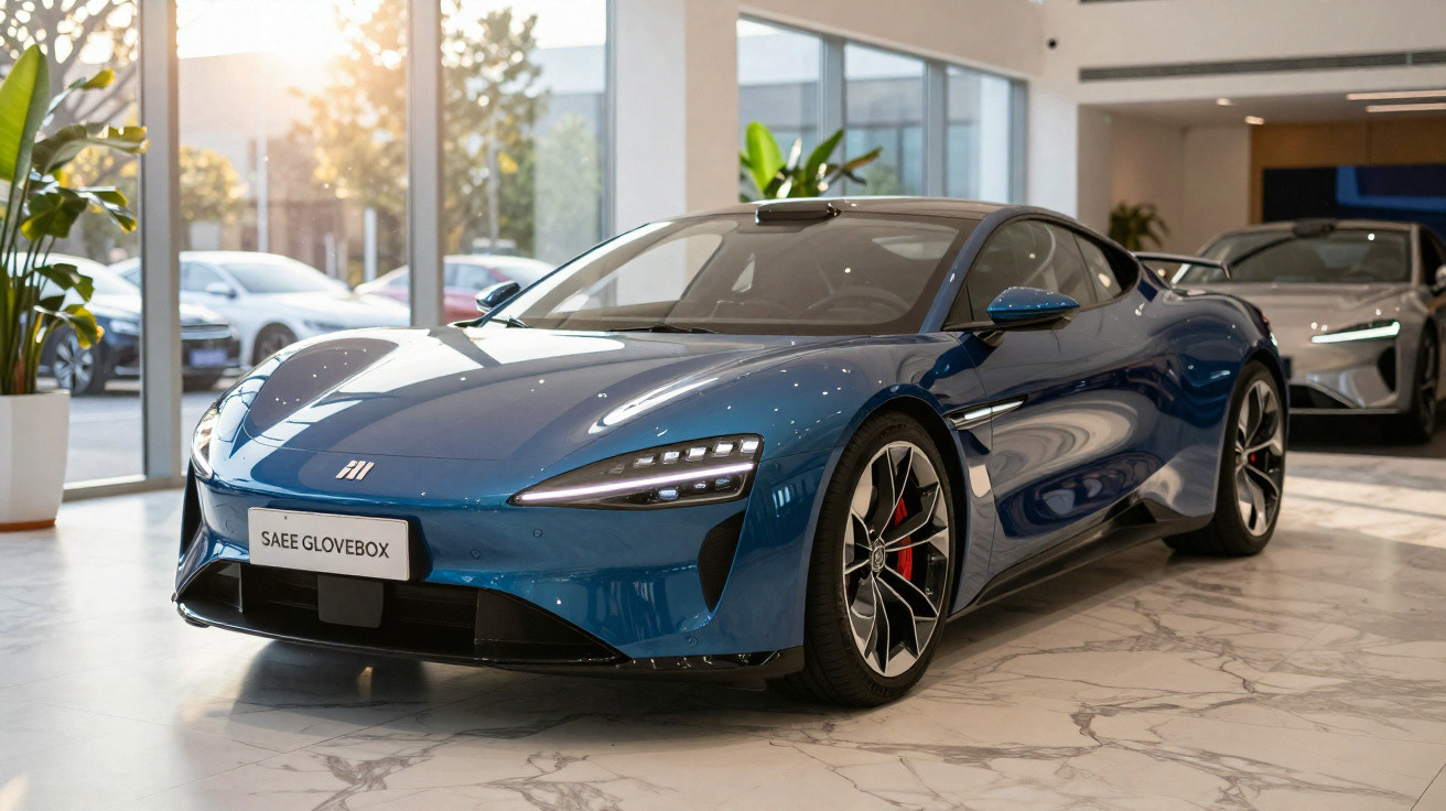 Carro esportivo azul metálico exposto em showroom moderno com piso de mármore e plantas decorativas.