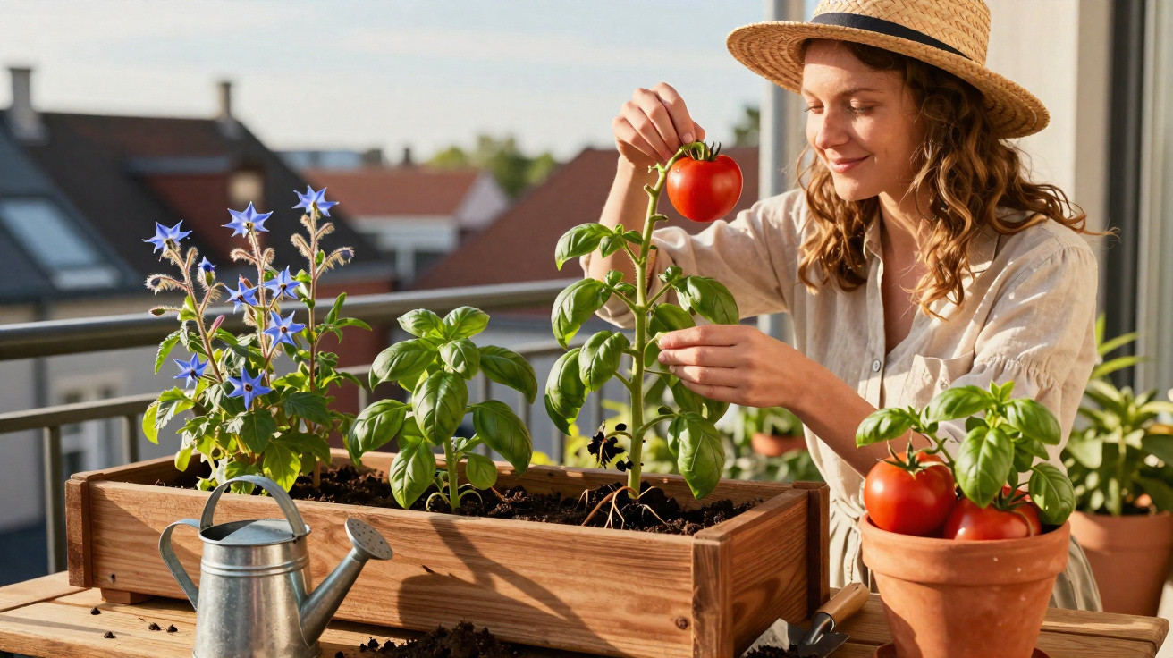 Mulher sorridente colhendo tomate vermelho em vaso, com flores e plantas em varanda ensolarada.