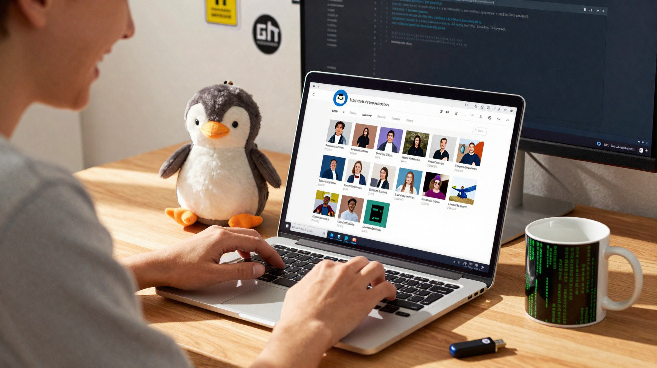 Pessoa usando laptop em mesa com pingüim de pelúcia, monitor e caneca com código binário.