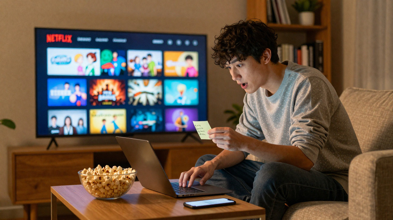 Jovem sentado no sofá, olhando anotação, usando laptop com Netflix na TV e tigela de pipoca na mesa.