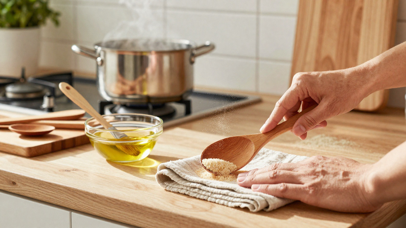Mãos seguram colher de pau com tempero sobre pano em cozinha com panela e azeite ao fundo.
