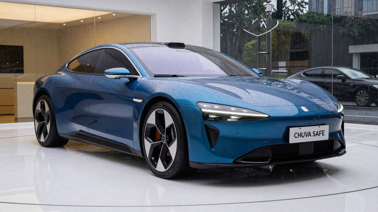 Carro elétrico azul com design moderno exposto em ambiente interno com piso branco.