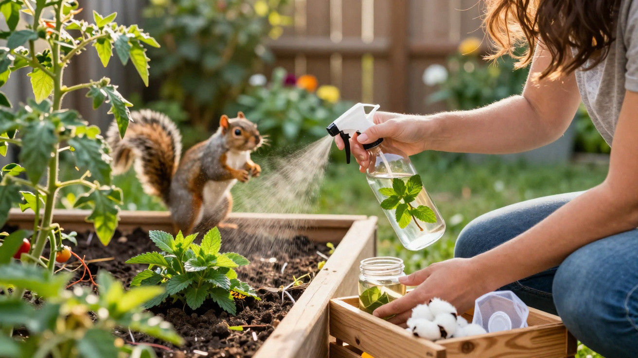 Pessoa regando plantas com borrifador enquanto esquilo observa em horta caseira ao ar livre.
