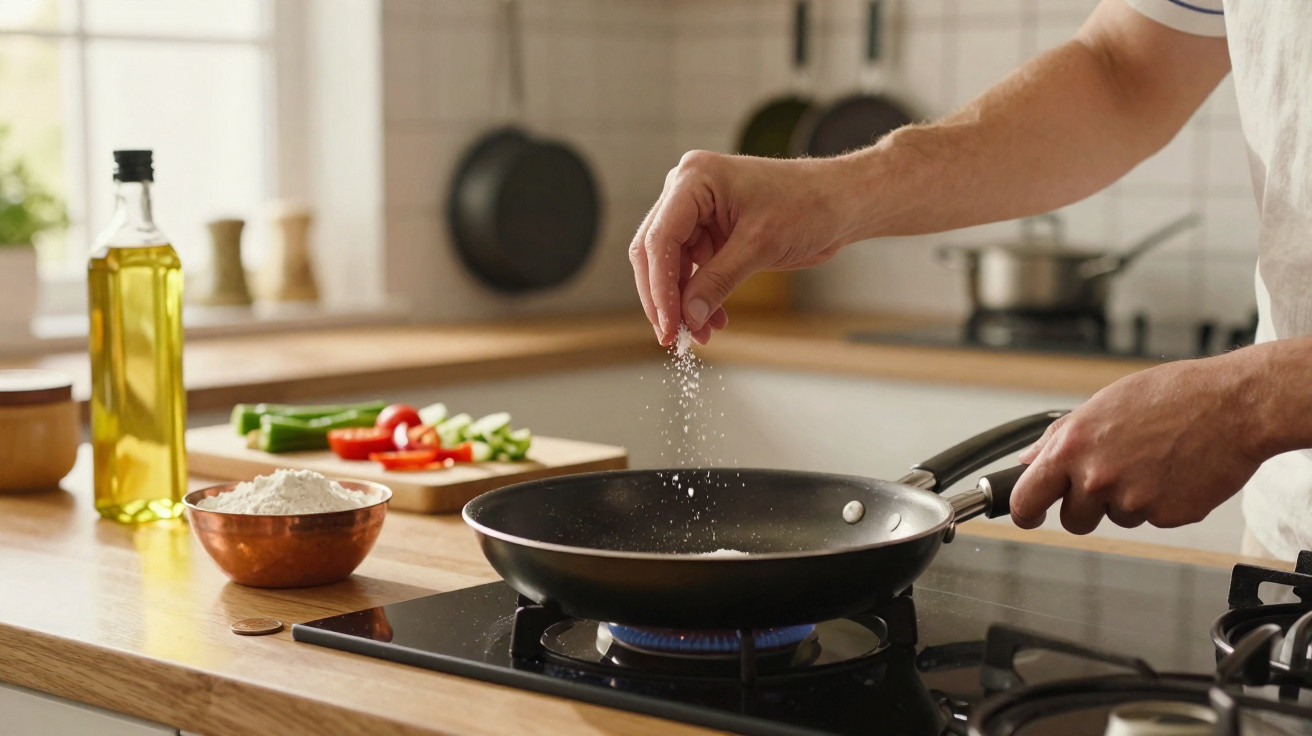 Pessoa temperando com sal uma frigideira preta em um fogão a gás em cozinha moderna.