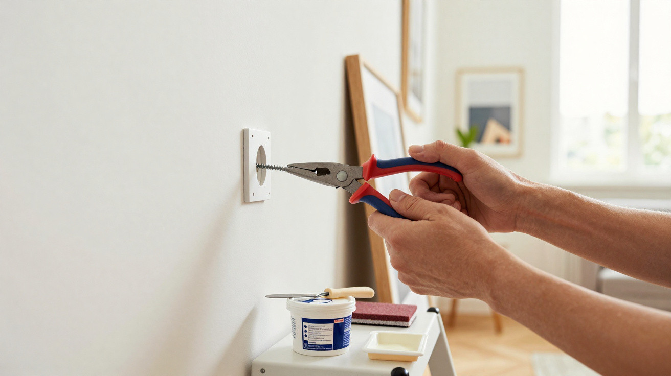 Mãos usando alicate para fixar suporte de parede em ambiente interno com ferramentas próximas.