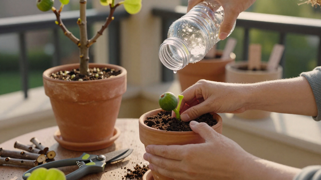 Mãos regando muda de planta em vaso de barro em mesa com ferramentas e outras plantas ao fundo.