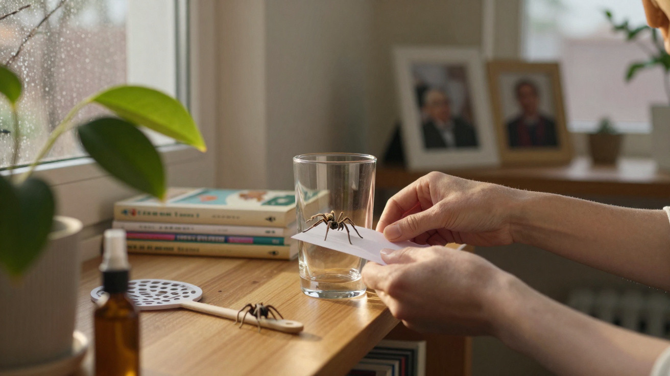 Mãos usando papel para capturar aranha próxima a copo sobre mesa com plantas, livros e spray.