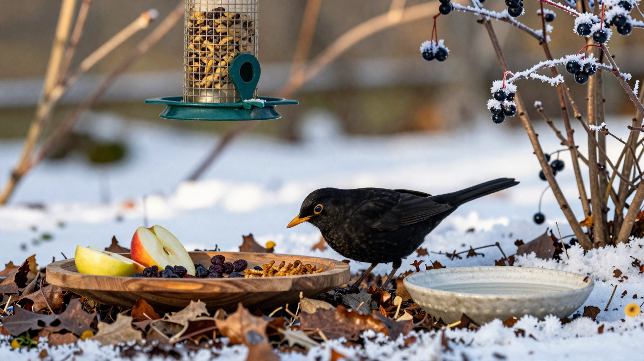Pássaro preto com bico amarelo se alimentando em prato com frutas e sementes na neve.