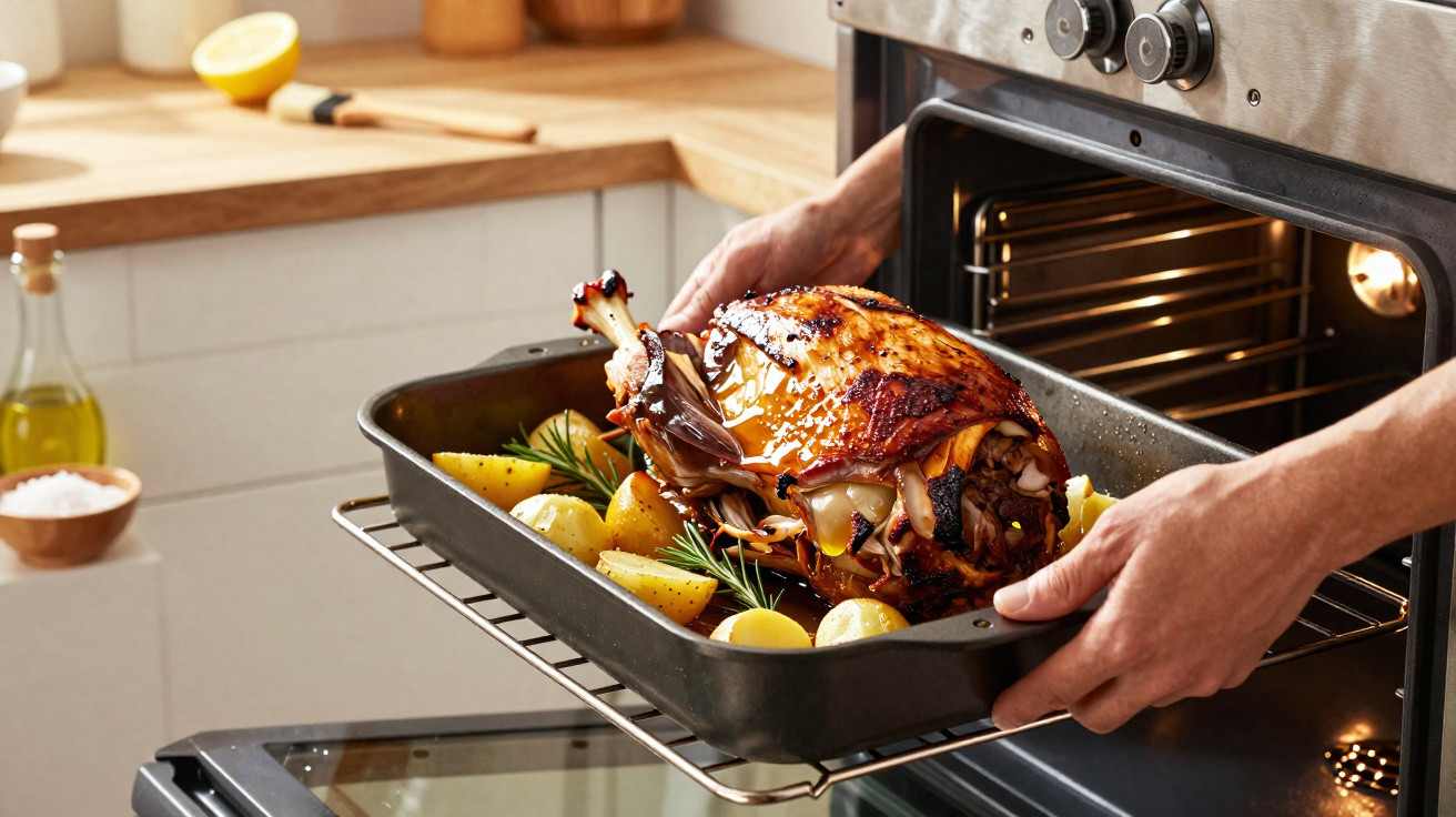 Pessoa retirando assado de carne com batatas do forno em cozinha moderna.
