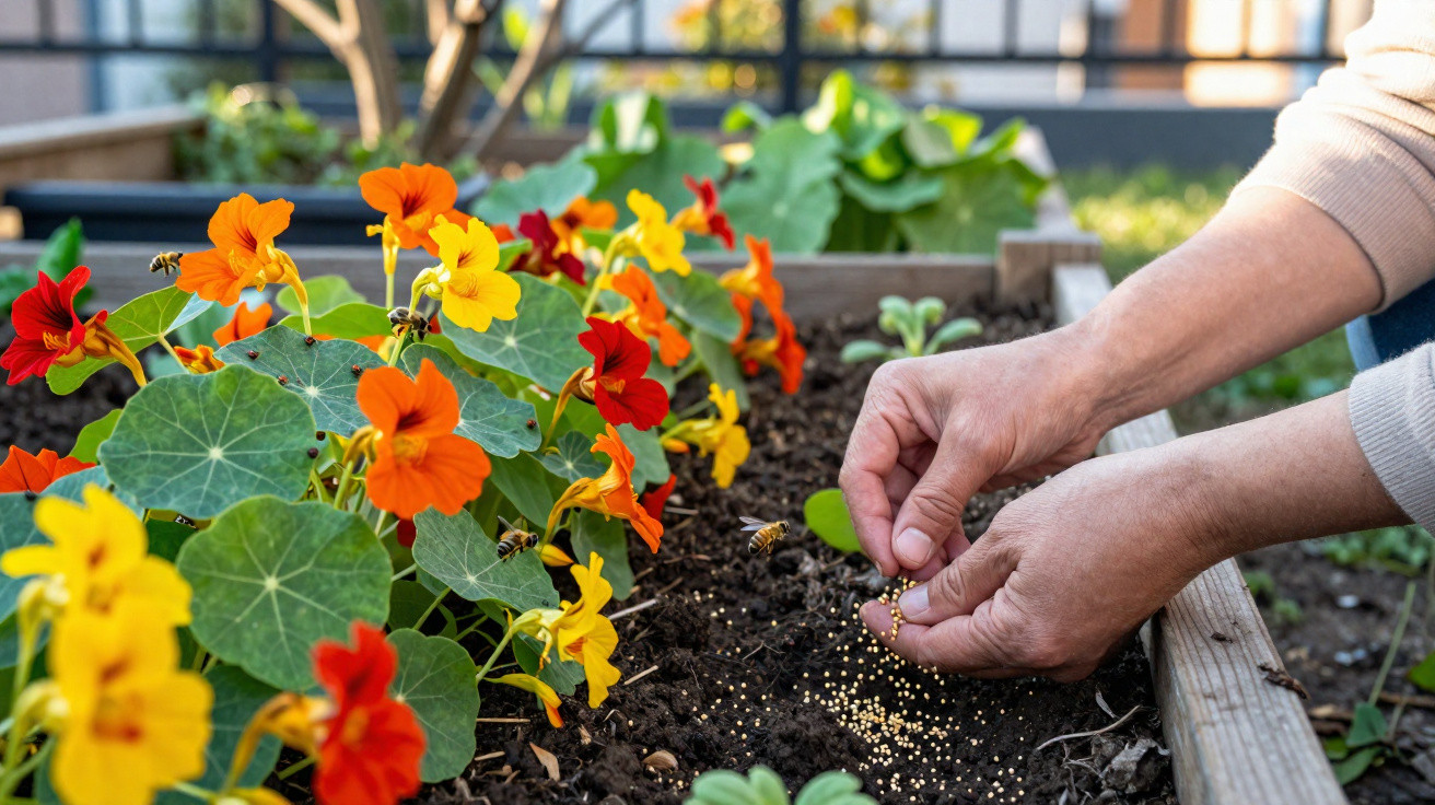 Mãos semeando sementes em canteiro de flores coloridas com abelhas voando ao redor, em jardim.