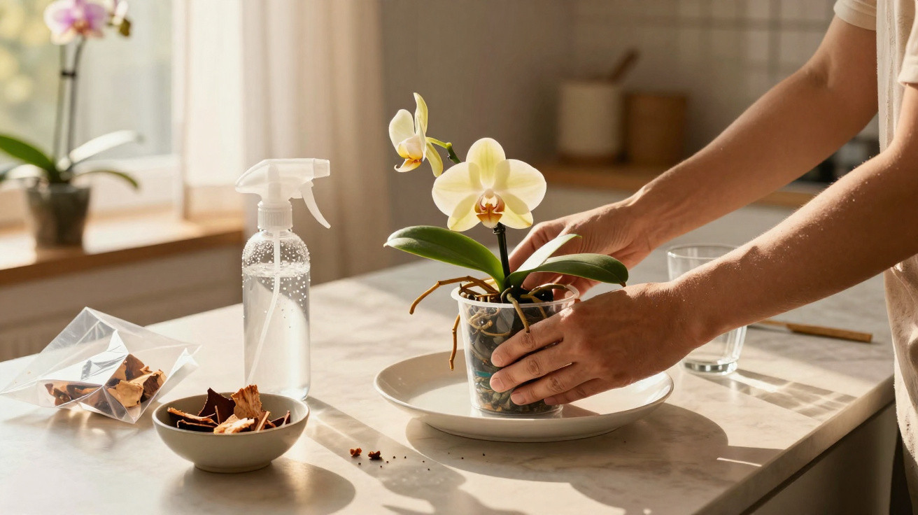 Pessoa cuidando de orquídea amarela em vaso sobre bancada com borrifador e copo de água.