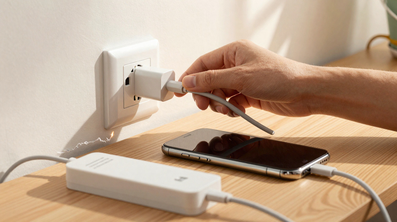 Mão conectando carregador na tomada com celular e power bank sobre mesa de madeira clara.