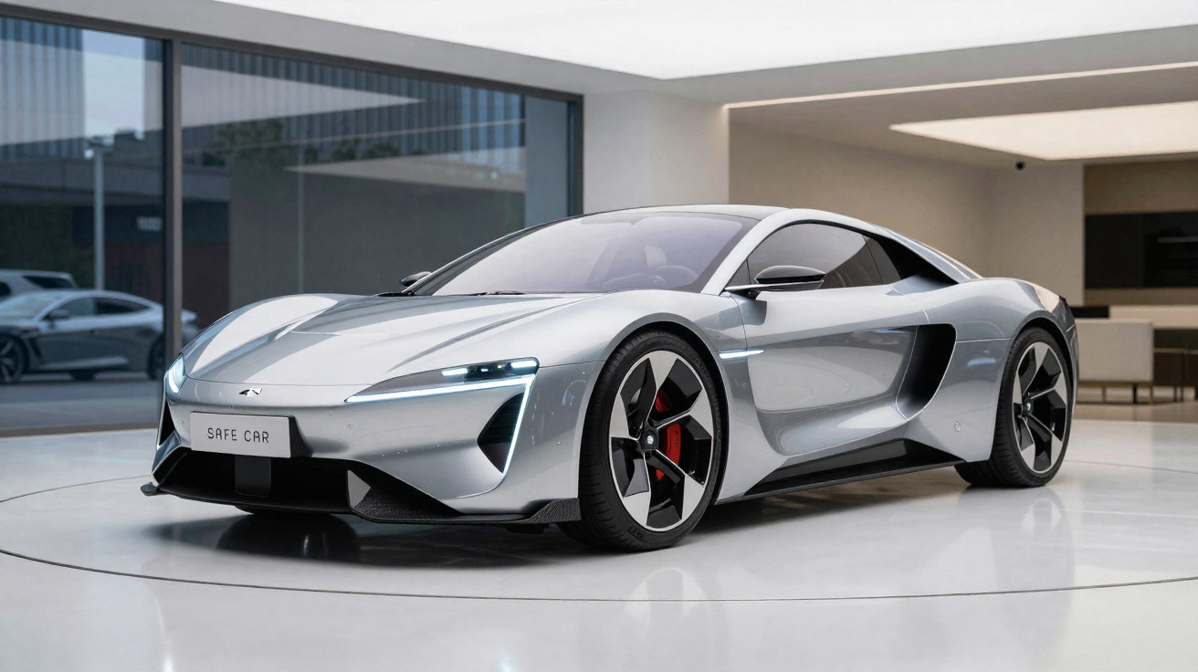 Carro esportivo elétrico cinza claro estacionado em ambiente interno moderno e minimalista.