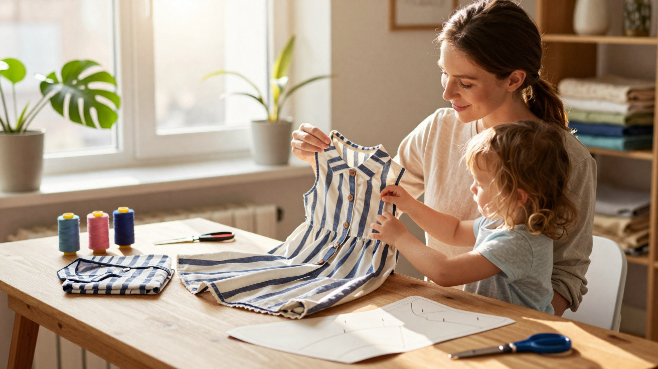 Mãe e criança olhando vestido listrado azul e branco sobre mesa com materiais de costura em ambiente iluminado.