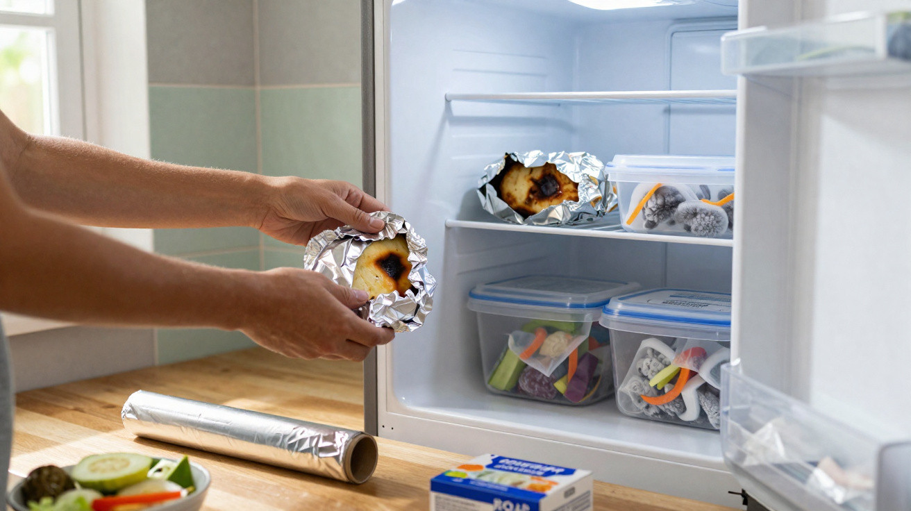 Mãos colocando alimento queimado embalado em papel alumínio dentro do freezer ao lado de vegetais em recipientes plásticos.