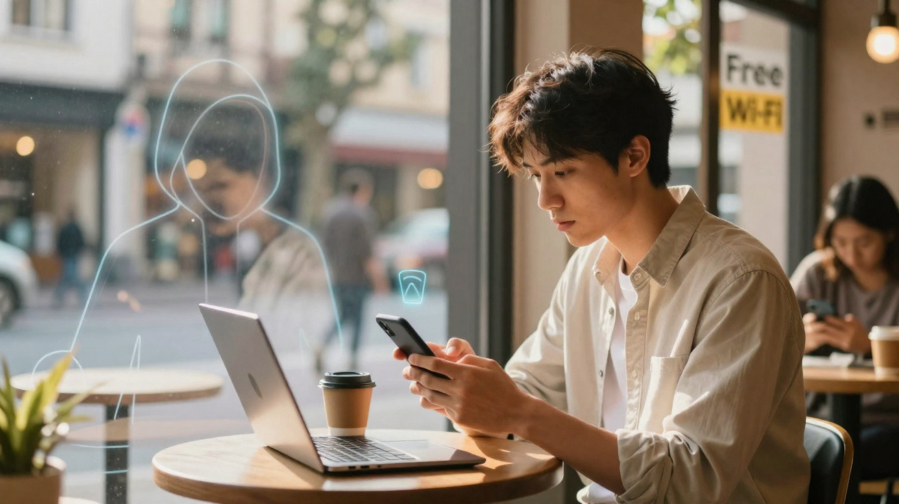 Jovem sentado em café com laptop e celular, luz natural entrando pela janela, ambiente tranquilo.