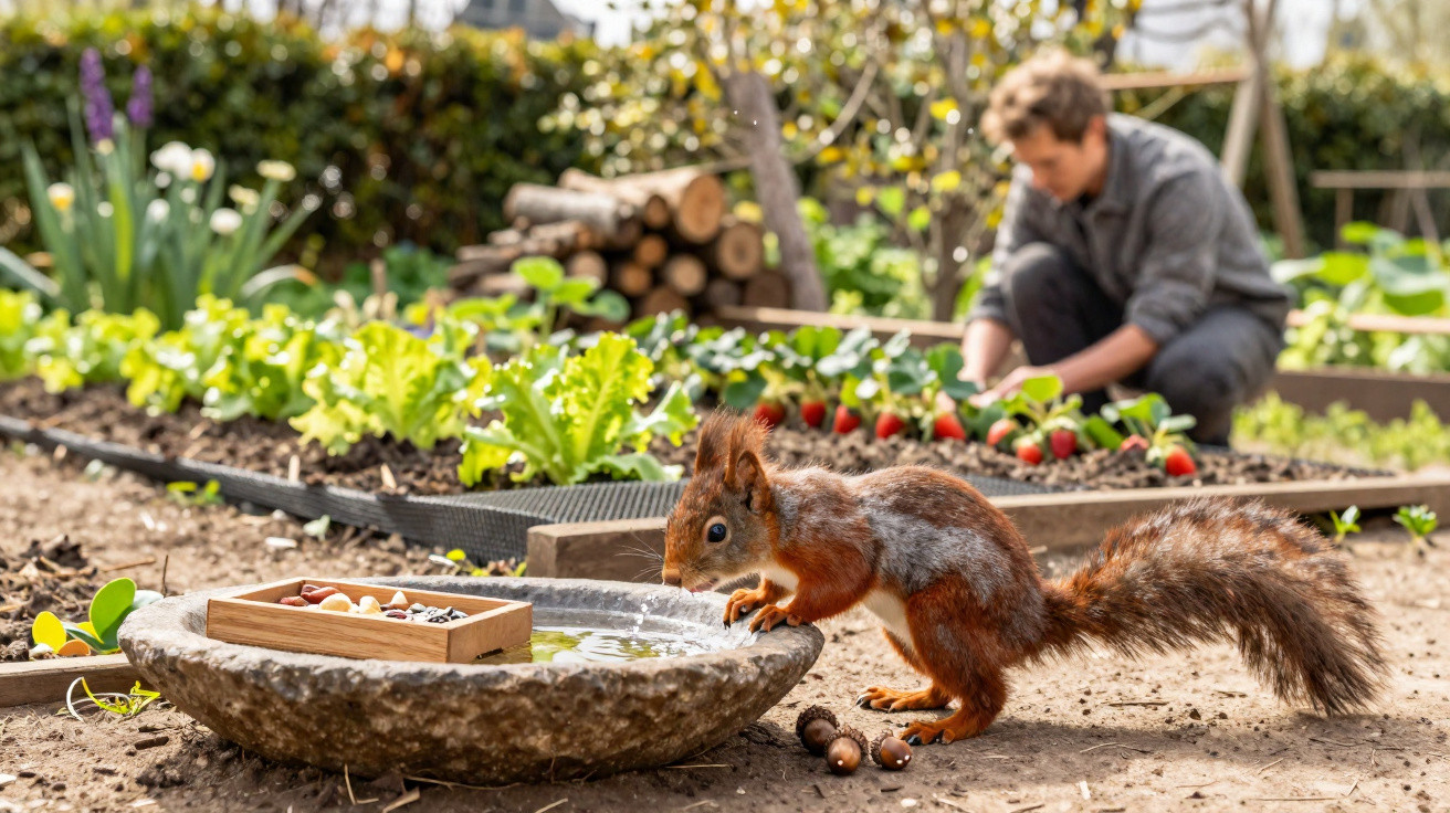 Esquilo bebendo água em recipiente no jardim, com pessoa cuidando das plantas ao fundo.