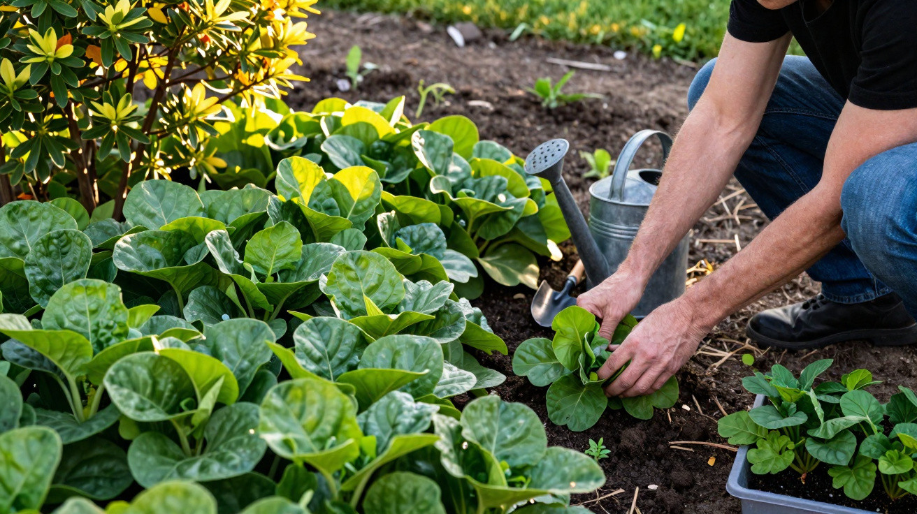 Pessoa cuidando de plantas verdes em um canteiro de jardim com regador ao fundo.