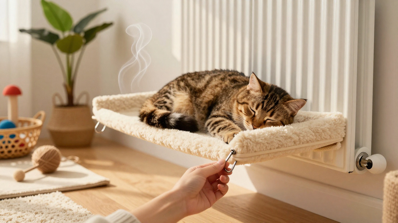 Gato dormindo em cama suspensa quente presa a um radiador, com mão humana ajustando a fixação.