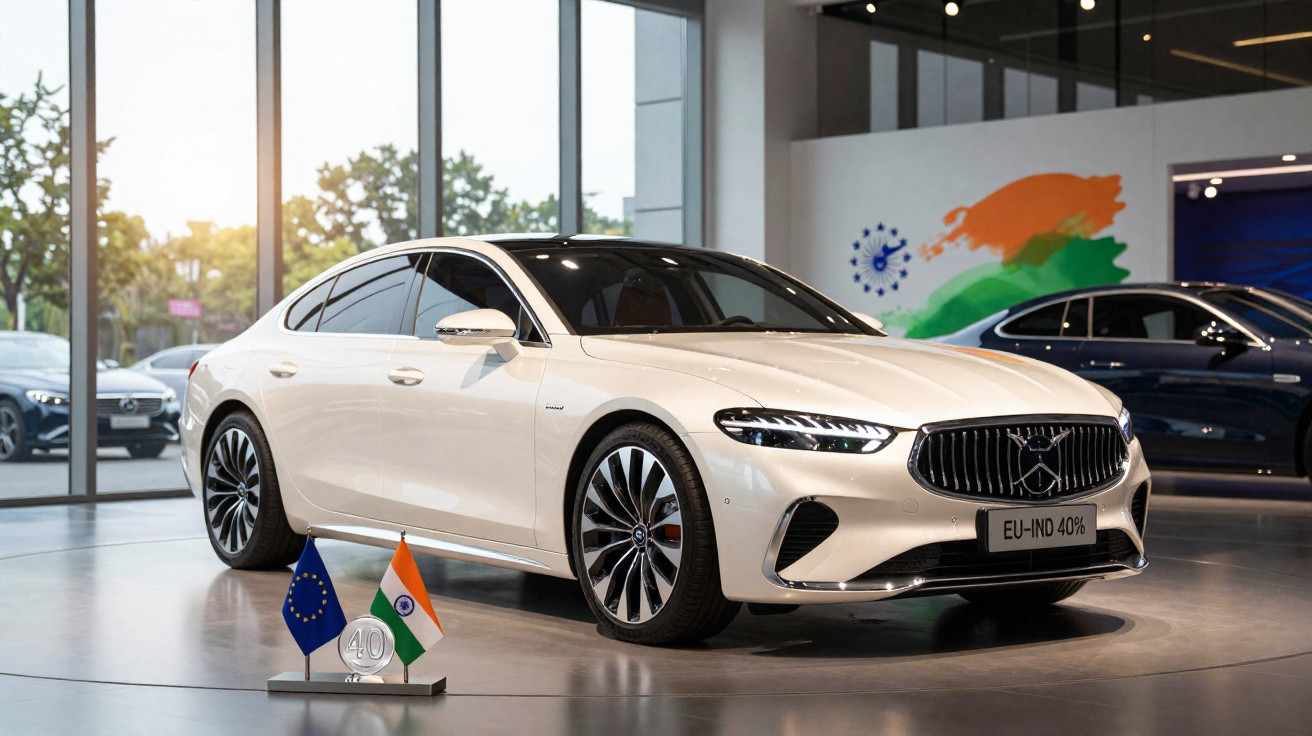 Carro branco de luxo modelo Volvo exibido em sala com bandeiras da União Europeia e Índia ao lado.