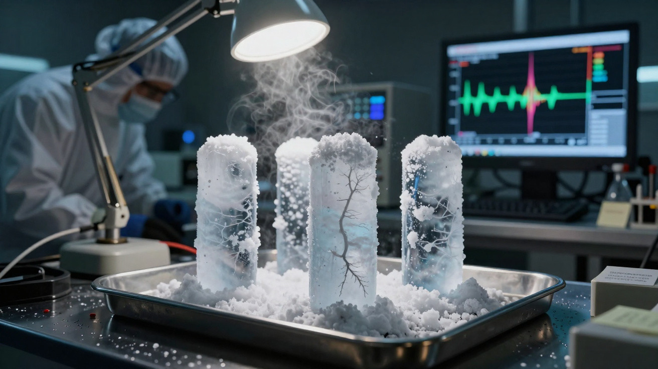 Tubo de ensaio congelado com gelo seco e vapor em laboratório, com cientista e monitor ao fundo.