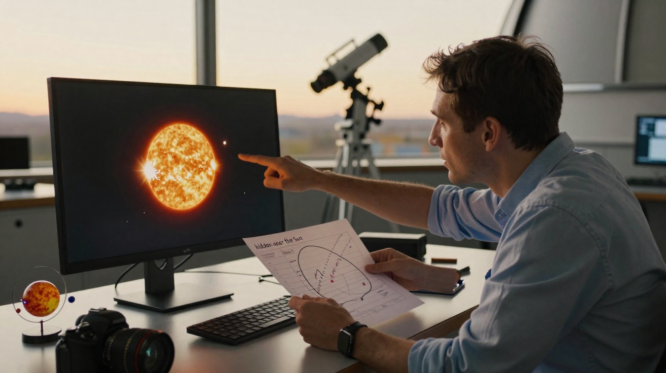 Homem analisando gráficos do sol em monitor com telescópio e câmera em mesa.
