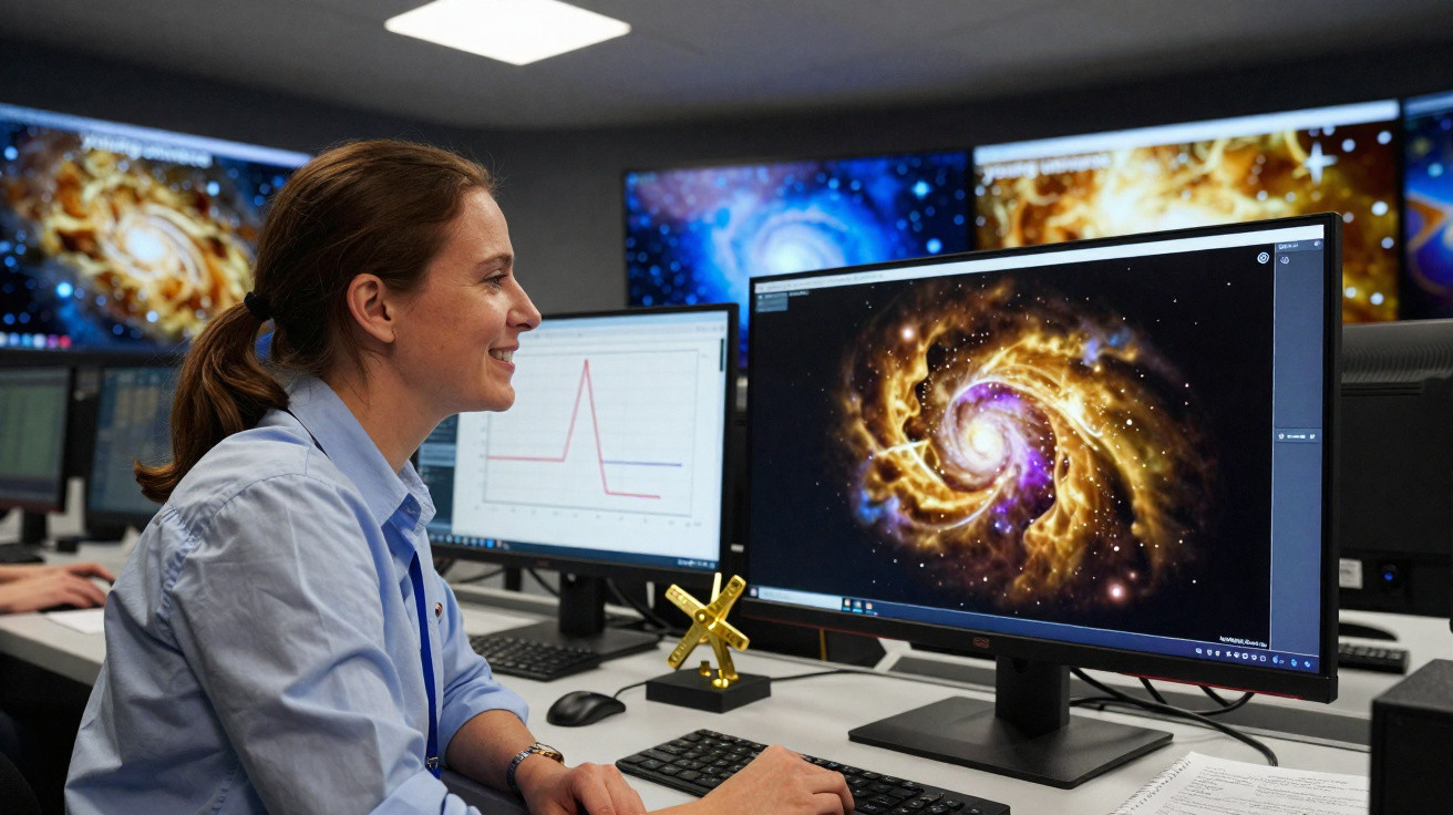Mulher sorrindo observa imagens e gráficos de galáxias em múltiplos monitores em sala de controle científica.