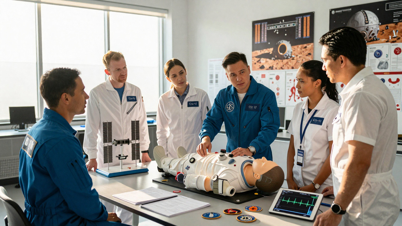 Grupo de seis cientistas em laboratório discutindo manequim em traje espacial sobre mesa com equipamentos.