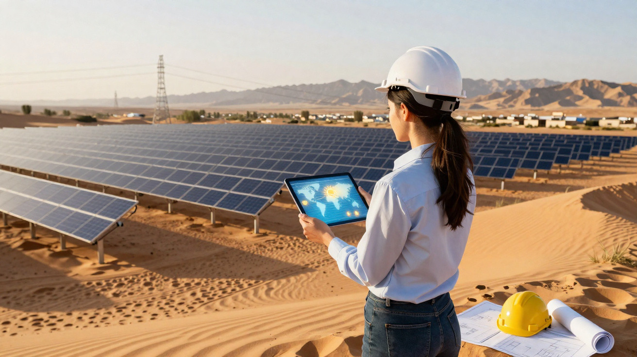 Mulher engenheira observa painel solar no deserto segurando tablet com gráfico de energia solar.