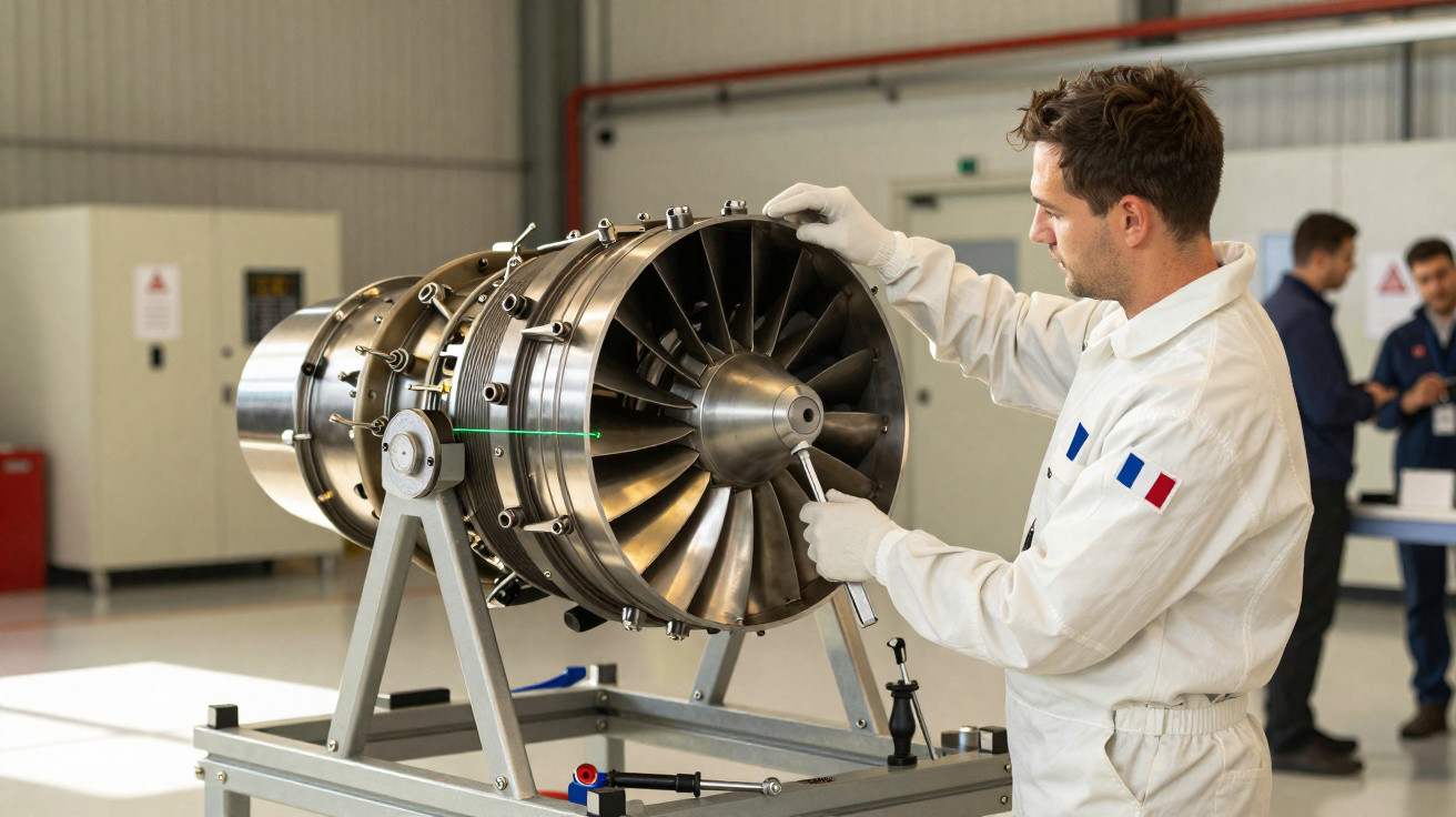 Técnico inspecionando motor a jato em bancada dentro de oficina industrial.