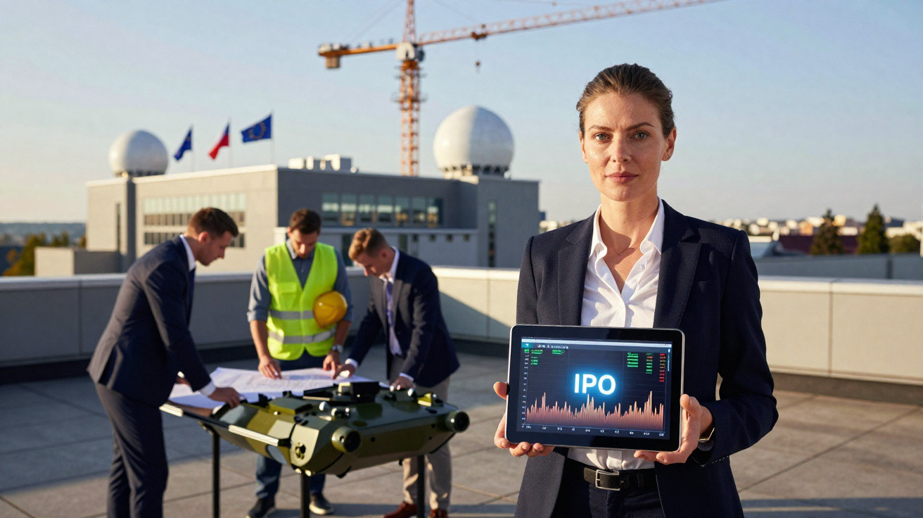 Mulher de terno segura tablet com gráfico IPO; homens analisam projeto em drone no fundo.