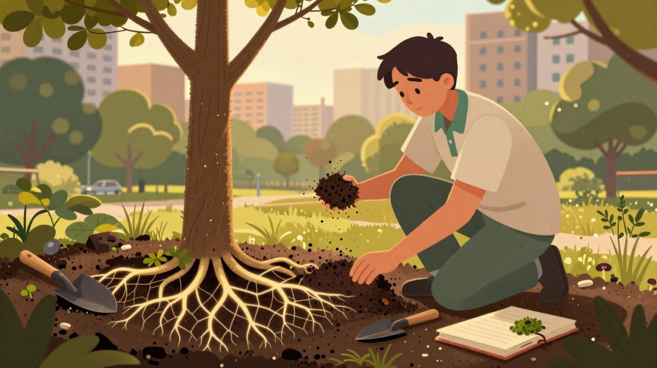 Ilustração de homem cuidando da terra e raízes de árvore em parque urbano ao entardecer.