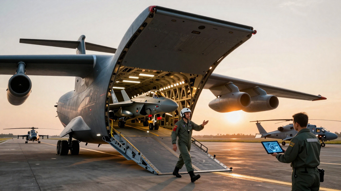 Avião cargueiro militar com a rampa aberta e aeronave sendo carregada ao pôr do sol.