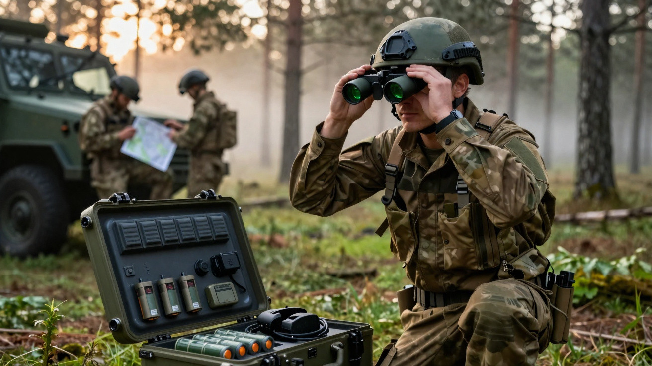 Soldado em uniforme camuflado usa binóculo próximo a equipamento militar aberto em floresta, com dois soldados ao fundo.